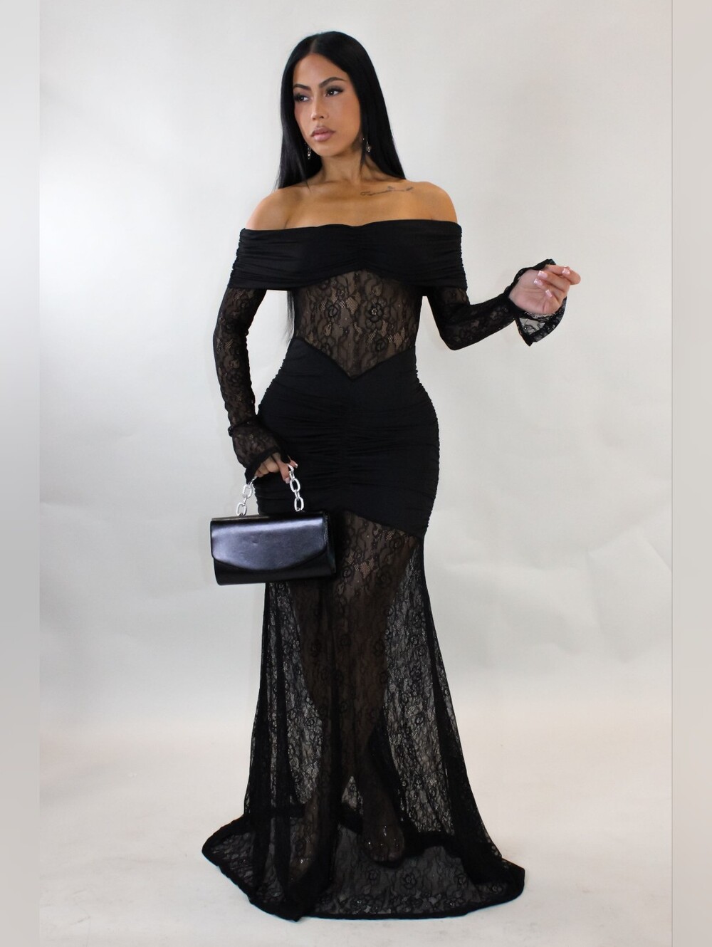 Luxxel Covered in Lace Maxi Dress- Black